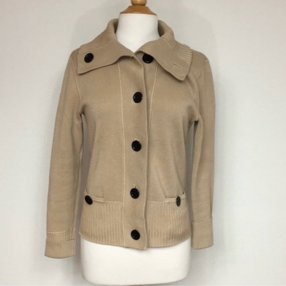 Jones New York Womens Camel Tan Knit Ribbed Large Button Cardigan Sweater Size M